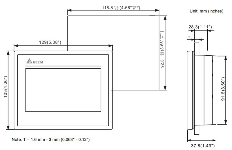 ابعاد نمایشگر دلتا DOP-103SQ :