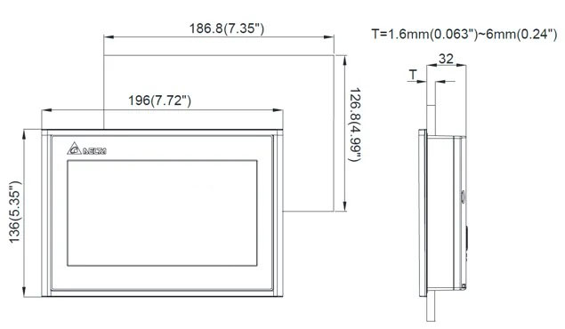 ابعاد صفحه نمایش لمسی (HMI) دلتا مدل DOP-107WV