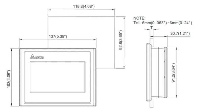 ابعاد HMI دلتا DOP-103WQ: